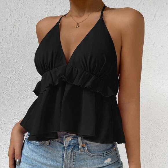 Tie Backless Ruffle Hem Halter Top - Picture 4 of 9